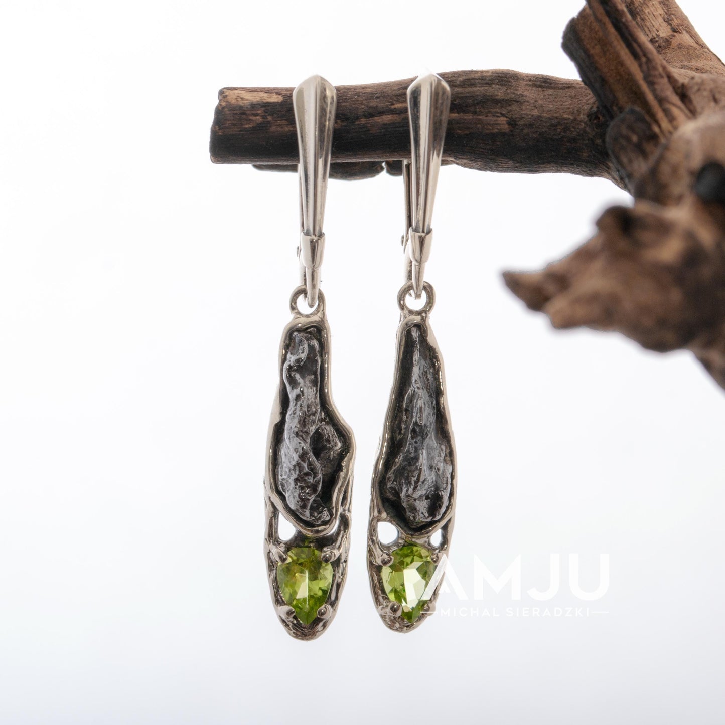 Sikhote Alin meteorite with peridots, Dangle earrings