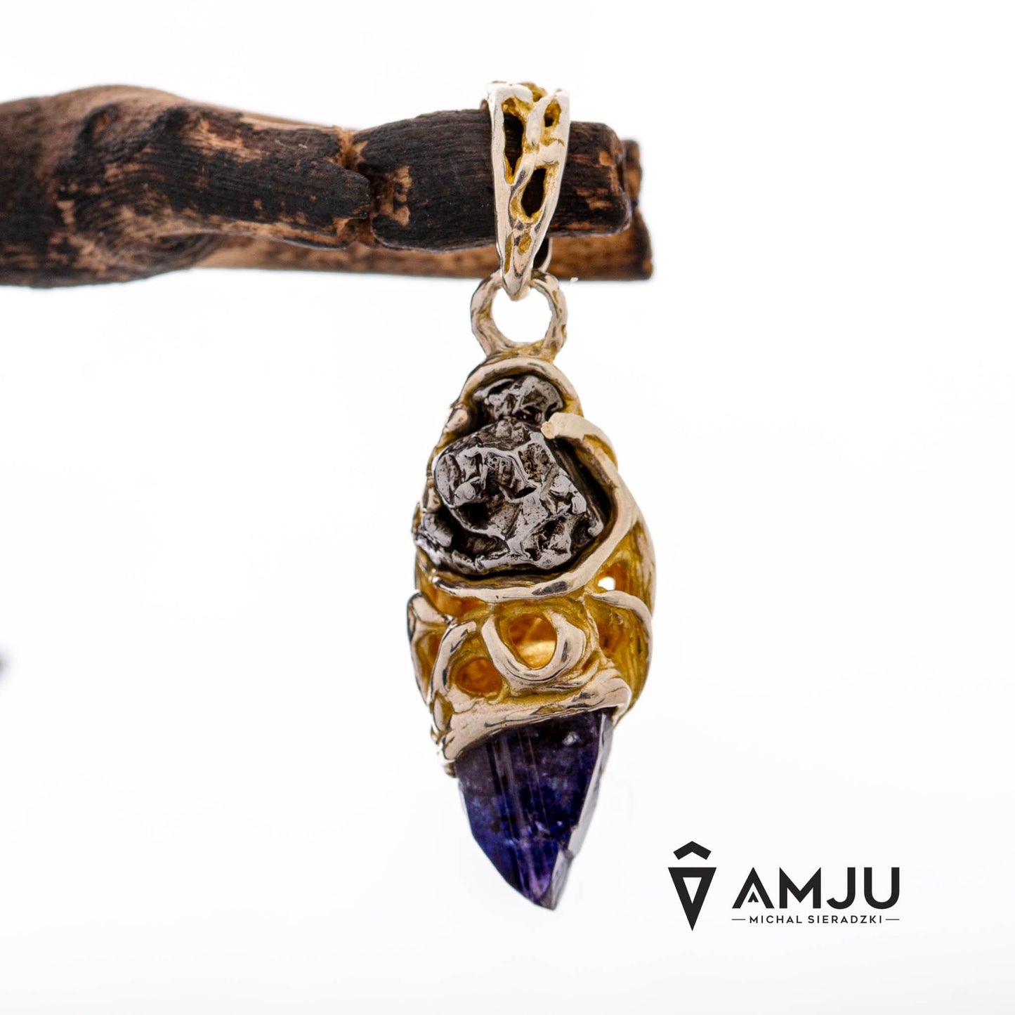 Raw Tanzanite crystal with Campo del Cielo meteorite, pendant
