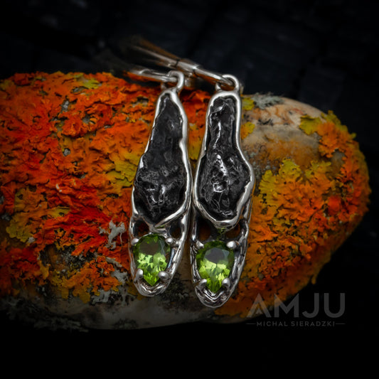 Sikhote Alin meteorite with peridots, Dangle earrings