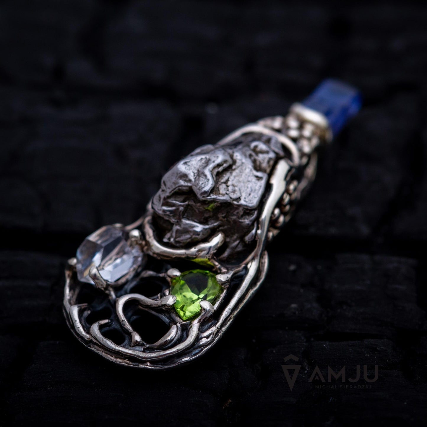 Moldavite, Campo del cielo meteorite with Herkimer Diamond, Peridot and Tanzanite, pendant