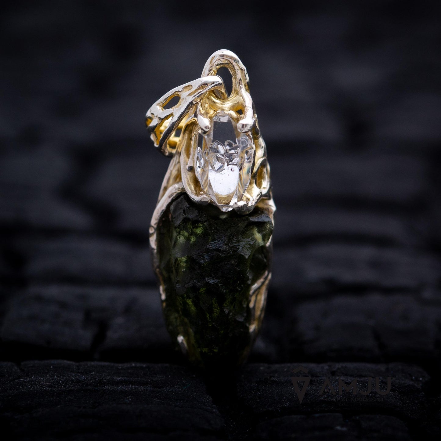 Moldavite with Herkimer Diamond, pendant