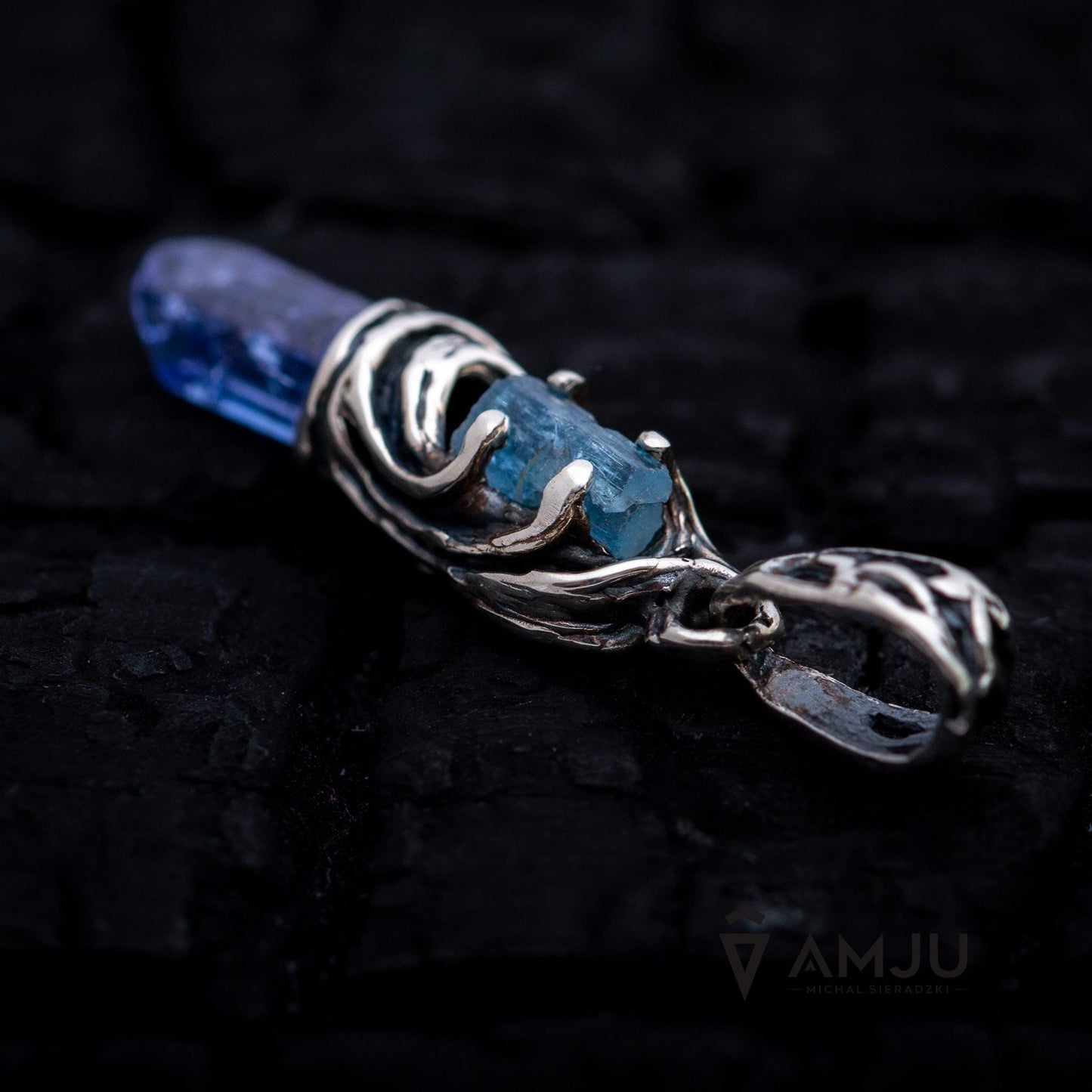 Raw Tanzanite crystal with aquamarine, pendant