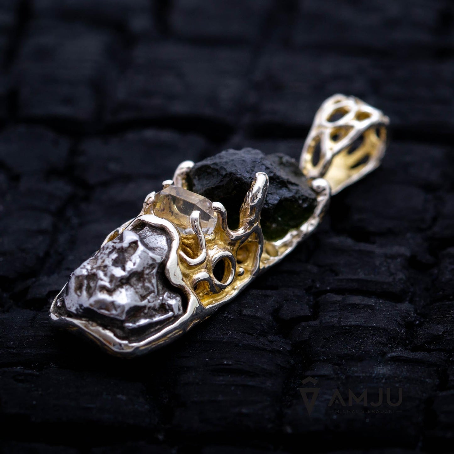 Moldavite, Campo del cielo meteorite with Herkimer Diamond, pendant