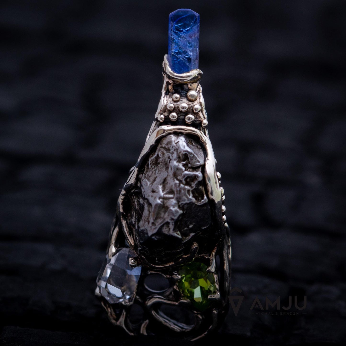 Moldavite, Campo del cielo meteorite with Herkimer Diamond, Peridot and Tanzanite, pendant