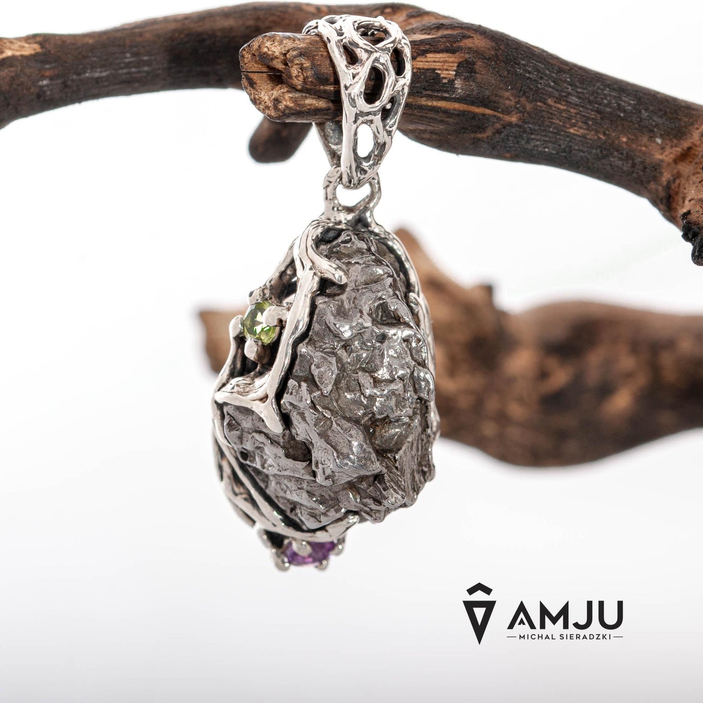 Campo del Cielo meteorite with peridot and amethyst, pendant