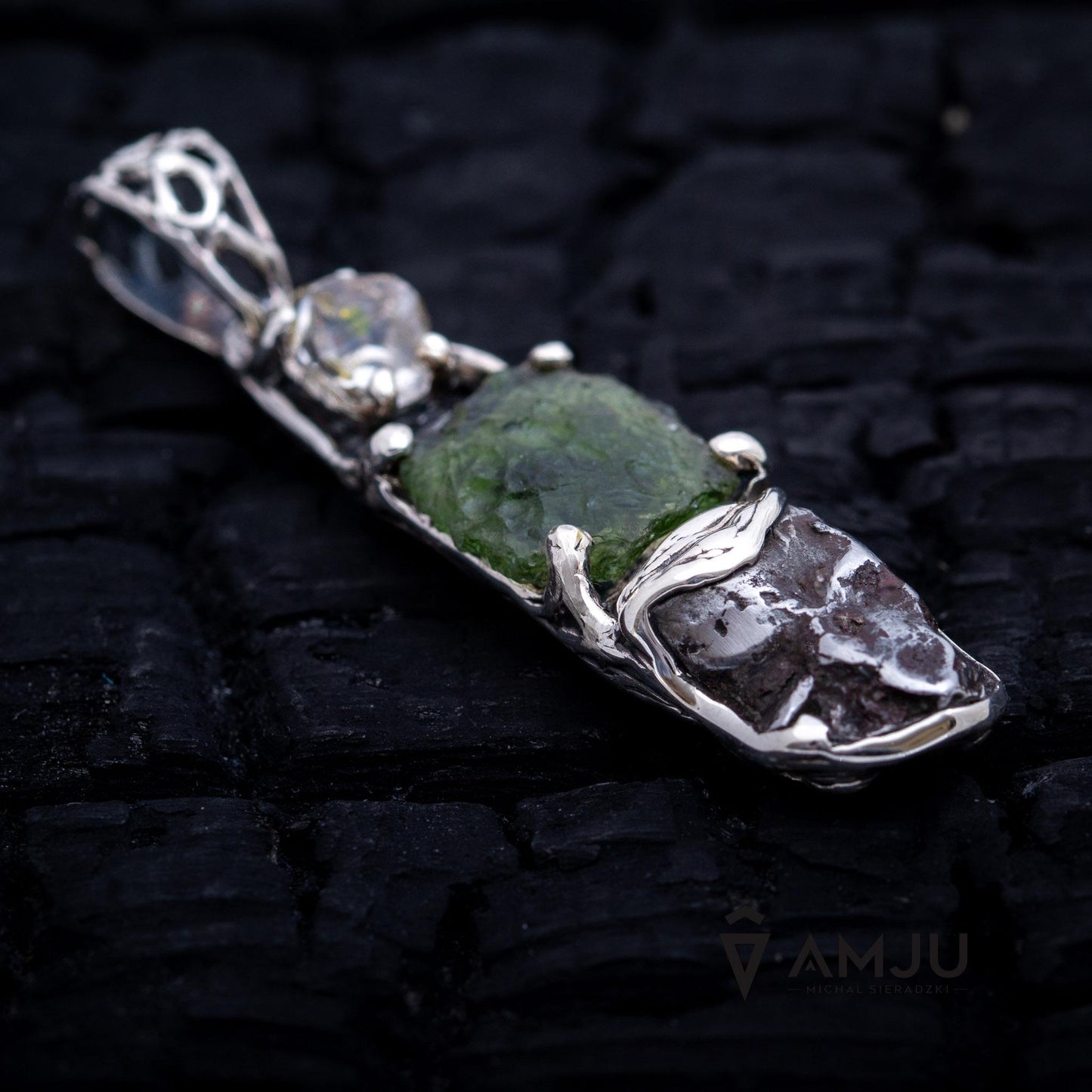 Moldavite, Sikhote Alin meteorite with Herkimer Diamond, pendant