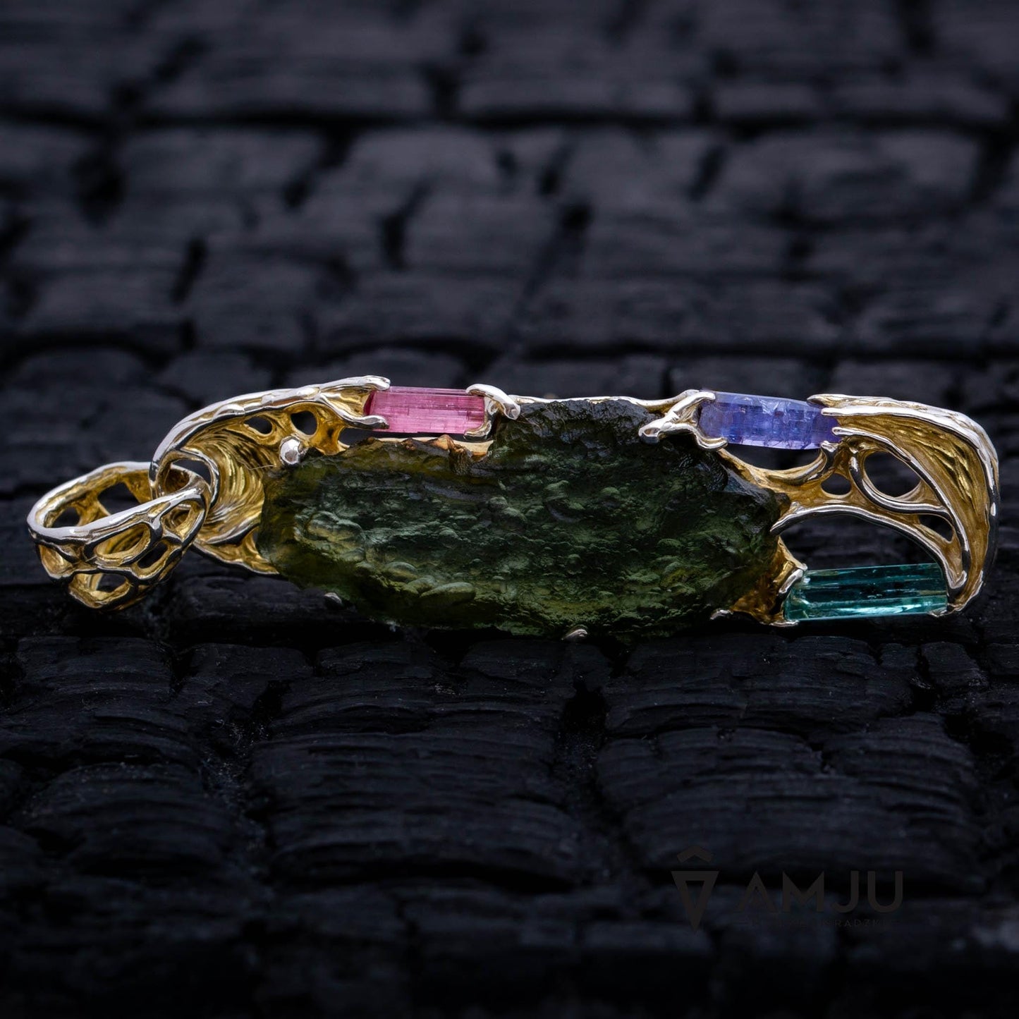 Moldavite with raw crystals of Pink Tourmaline, Green Beryl and Tanzanite, pendant
