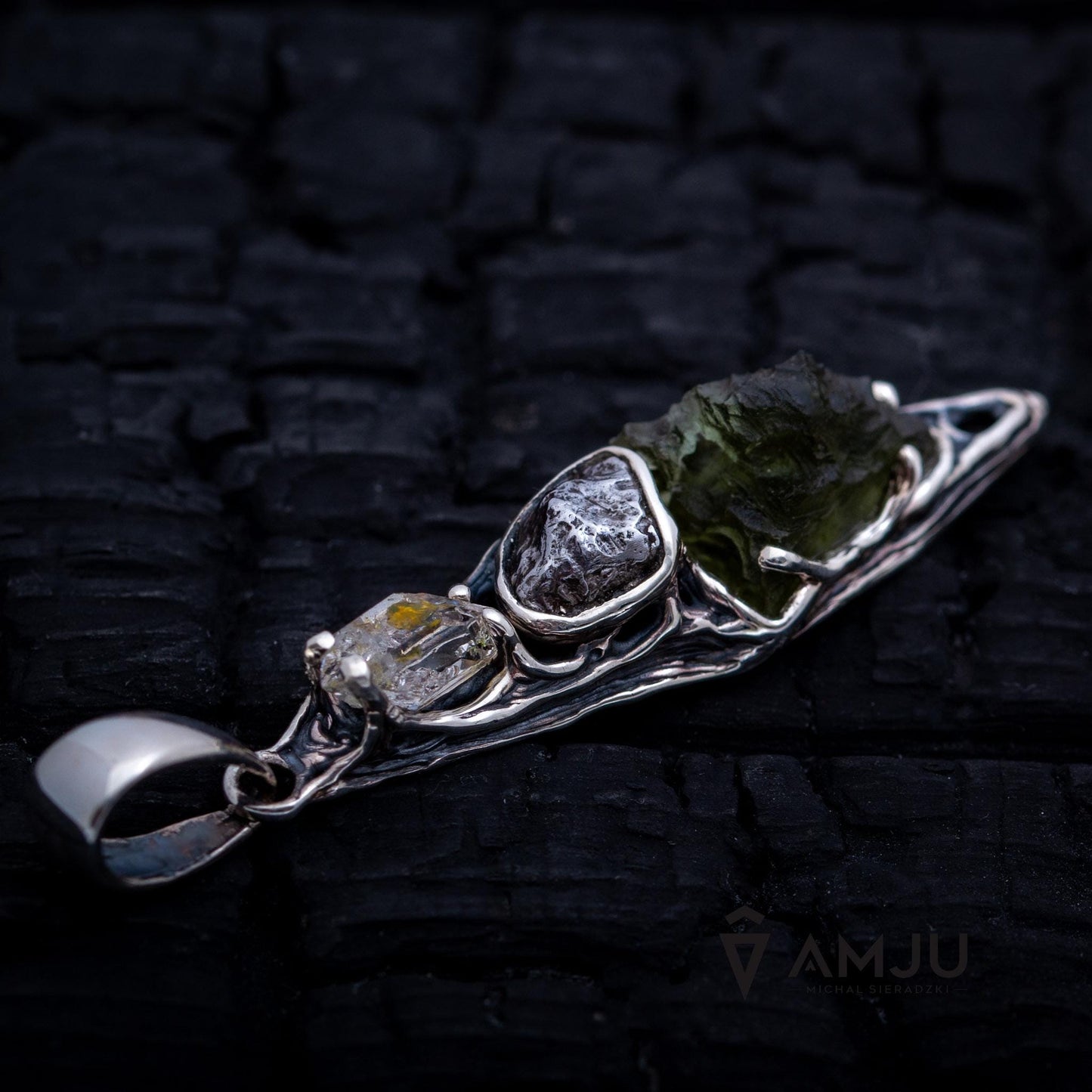 Moldavite, Campo del cielo meteorite with Herkimer Diamond, pendant