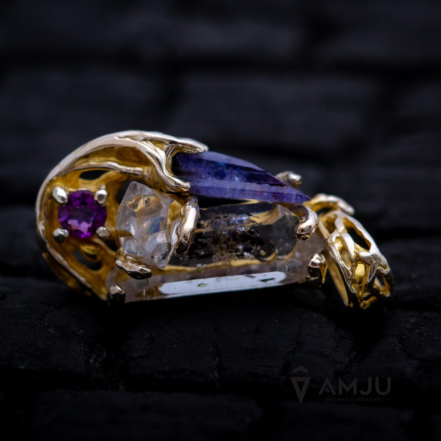 Tibetan Quartz with baby crystals, Tanzanite and Amethyste, pendant