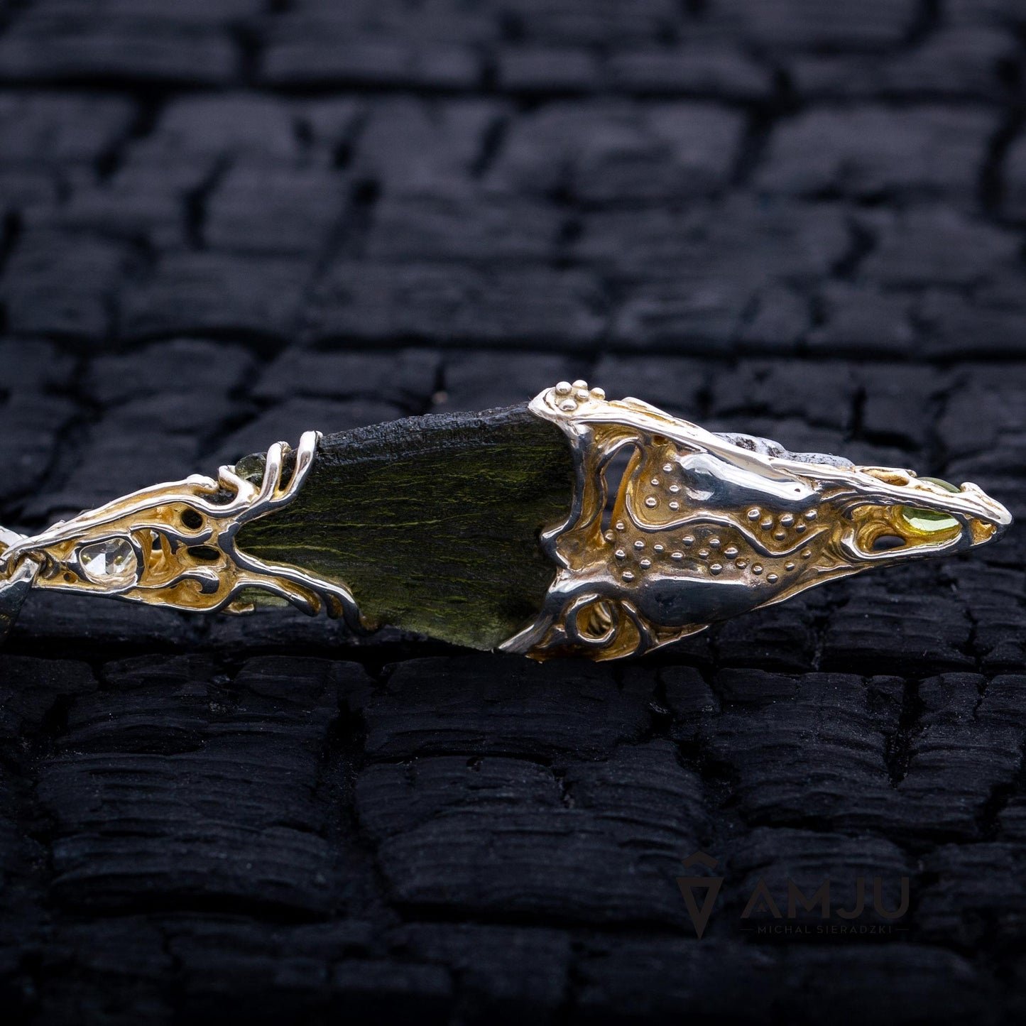 Moldavite, Campo del cielo meteorite with Herkimer Diamond and peridote, pendant