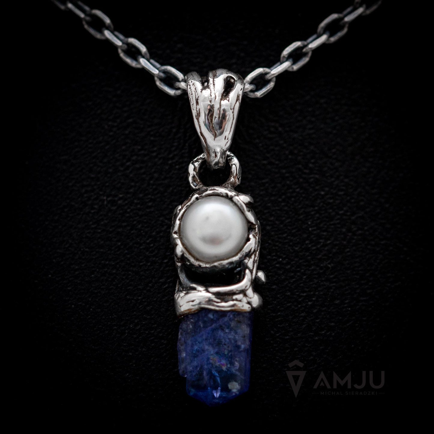Raw Tanzanite crystal with freshwater pearl, pendant