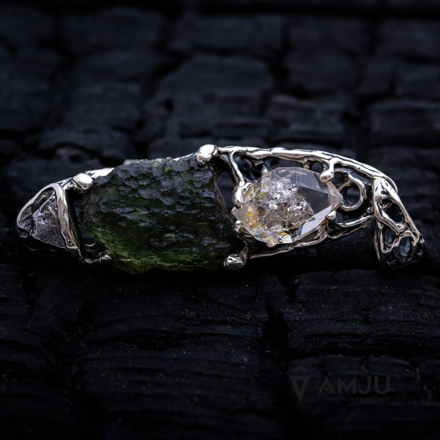 Moldavite, Campo del cielo meteorite with Herkimer Diamond, pendant