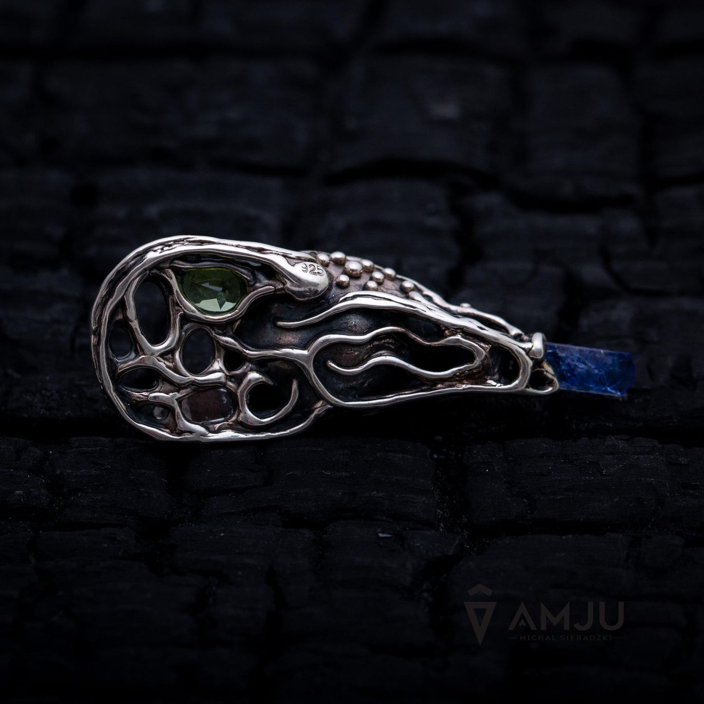 Moldavite, Campo del cielo meteorite with Herkimer Diamond, Peridot and Tanzanite, pendant