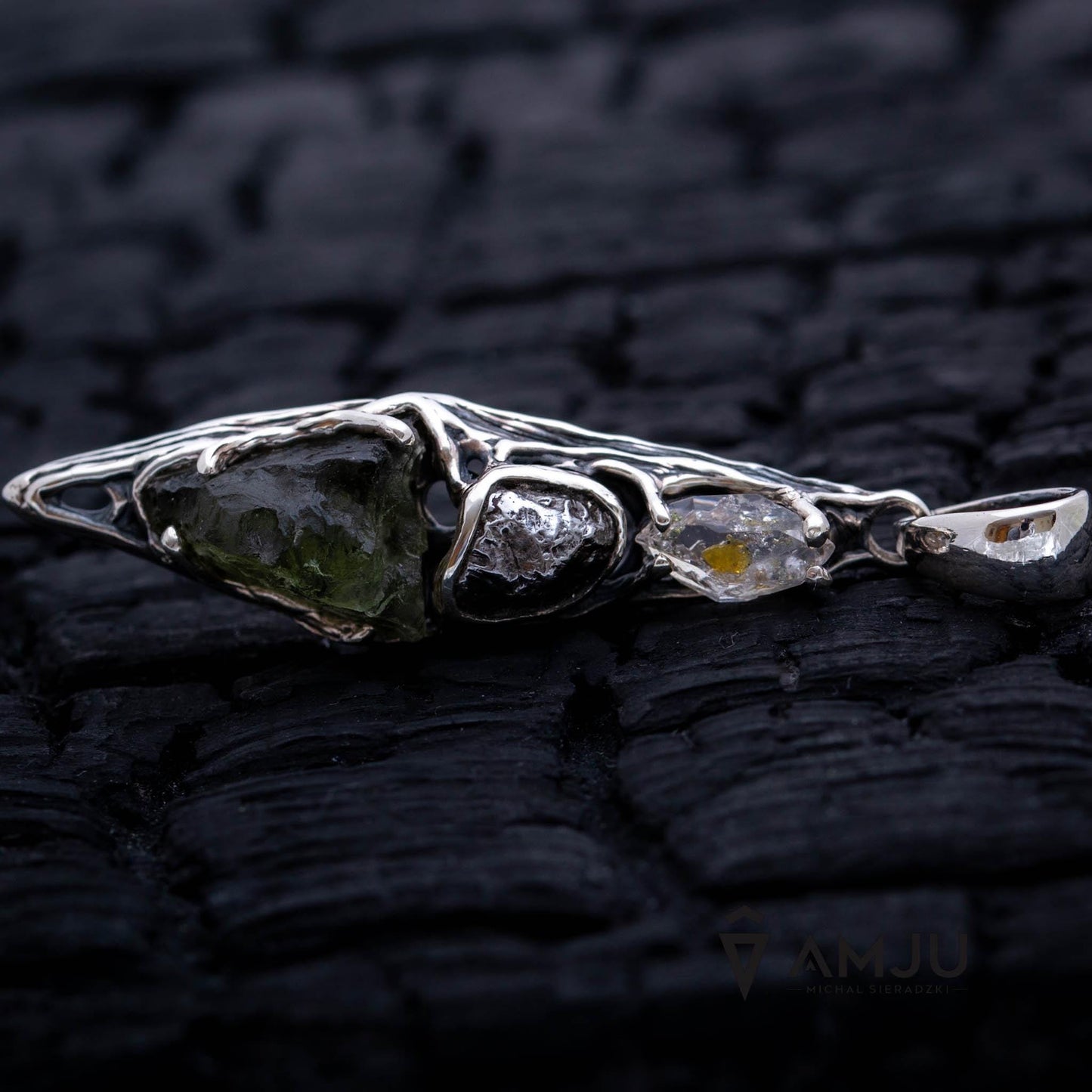 Moldavite, Campo del cielo meteorite with Herkimer Diamond, pendant