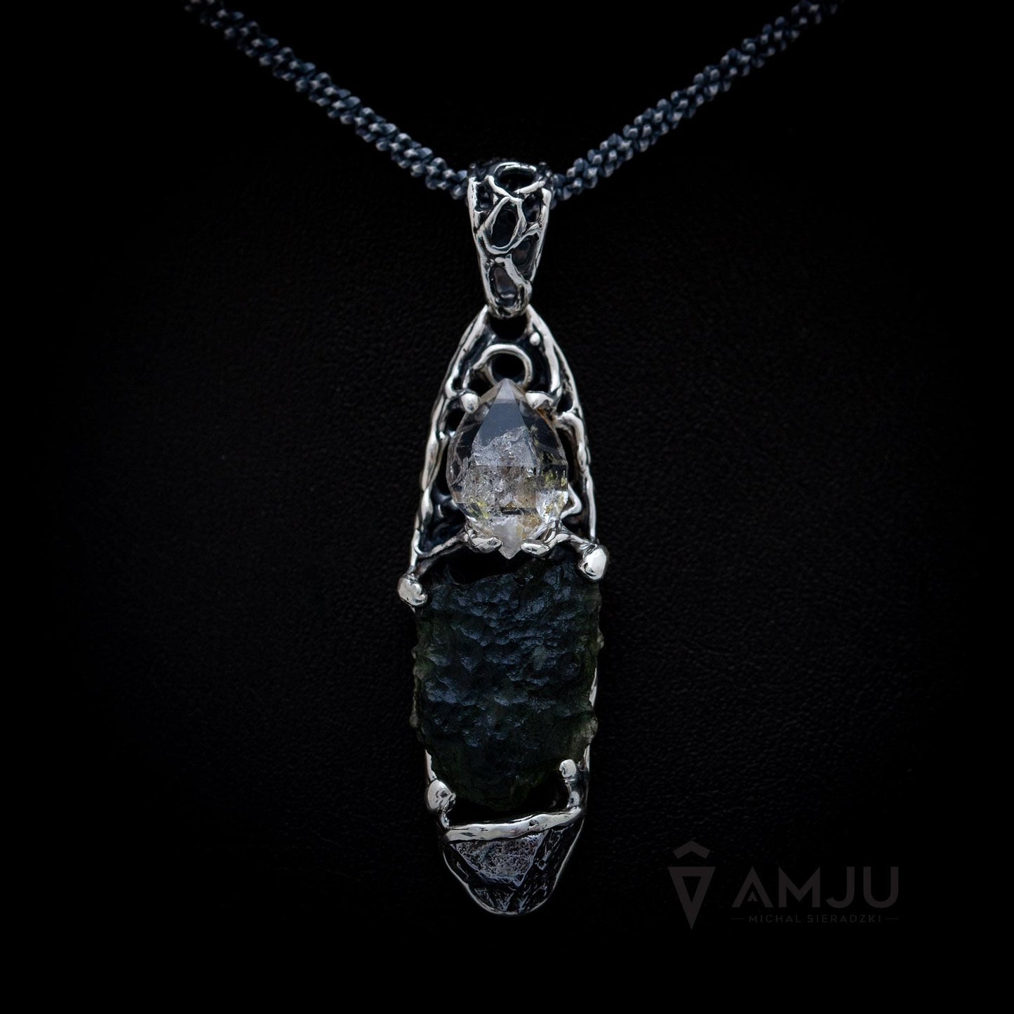 Moldavite, Campo del cielo meteorite with Herkimer Diamond, pendant