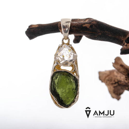 Moldavite with Herkimer Diamond, pendant