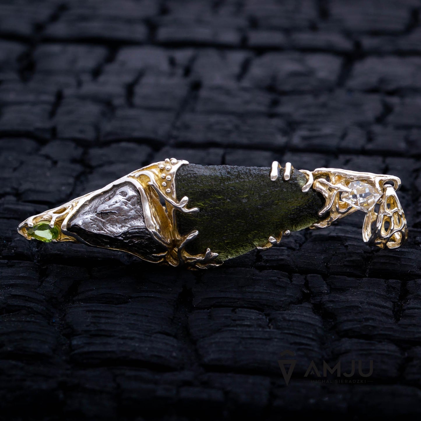 Moldavite, Campo del cielo meteorite with Herkimer Diamond and peridote, pendant