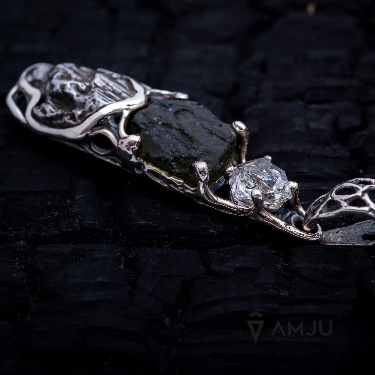 Moldavite, Campo del cielo meteorite with Herkimer Diamond, pendant