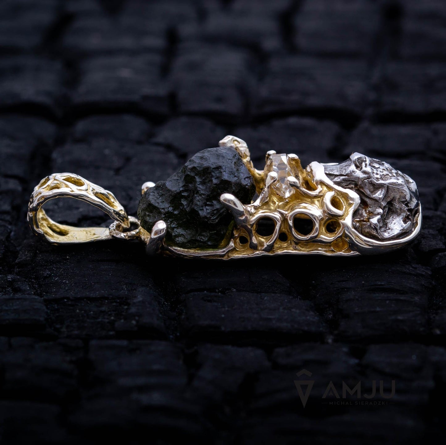 Moldavite, Campo del cielo meteorite with Herkimer Diamond, pendant