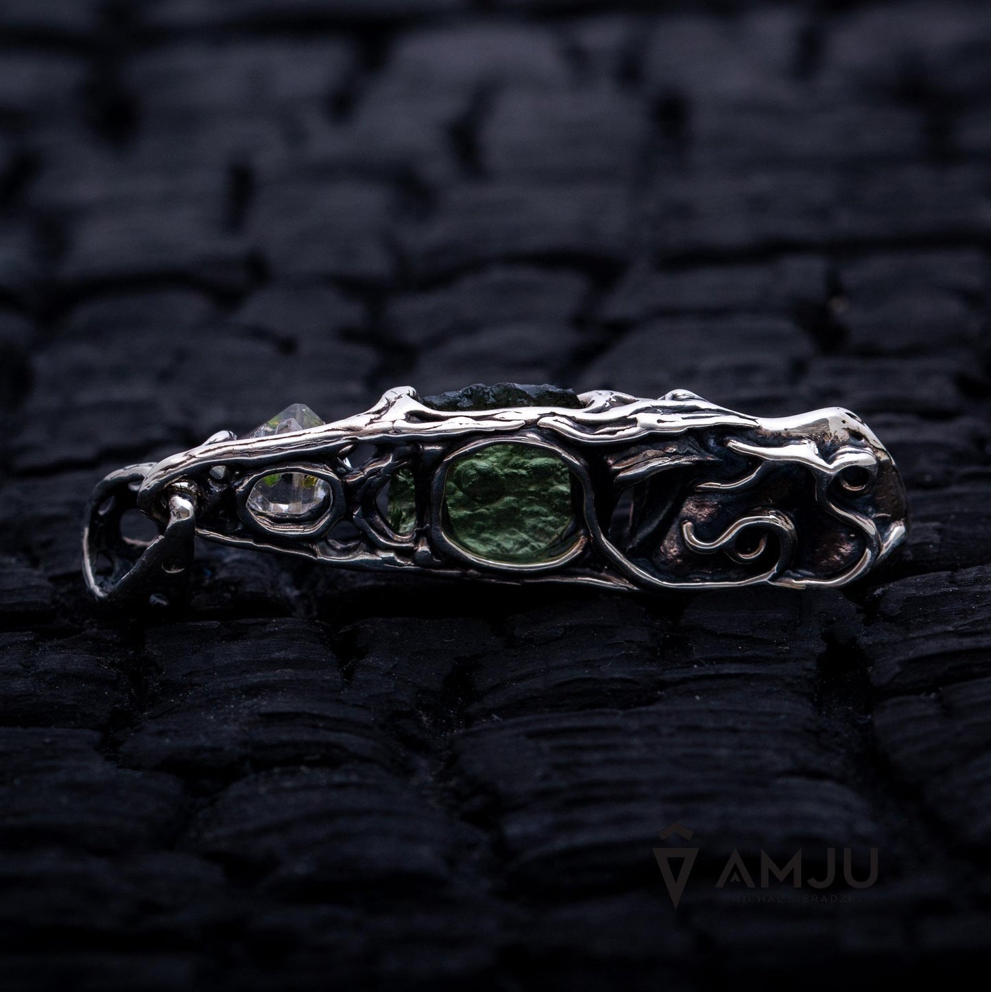 Moldavite, Sikhote Alin meteorite with Herkimer Diamond, pendant