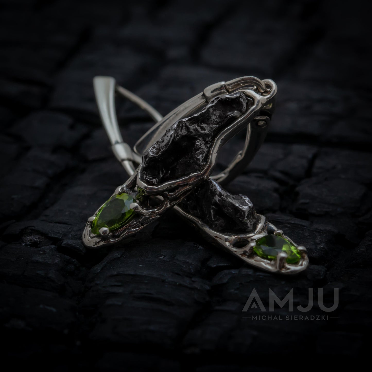 Sikhote Alin meteorite with peridots, Dangle earrings