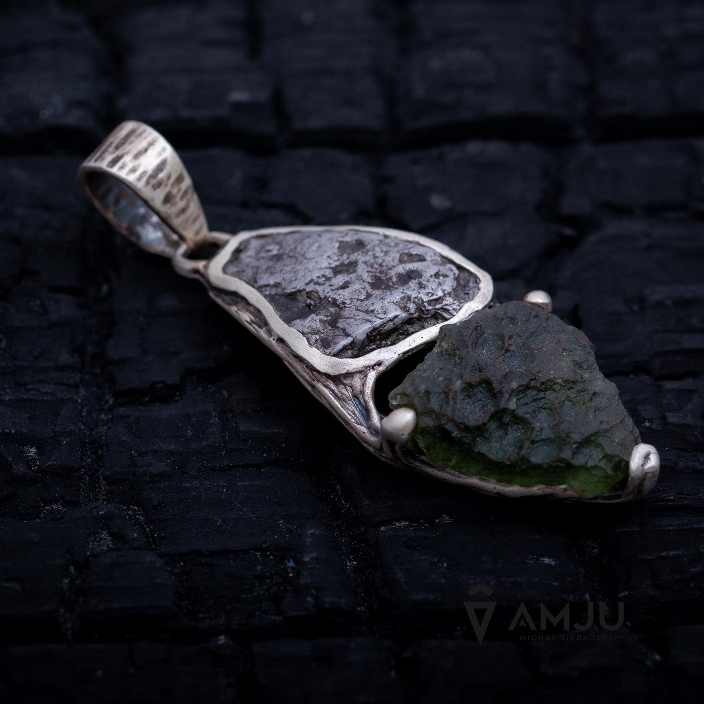 Moldavite with Campo del cielo meteorite, pendant