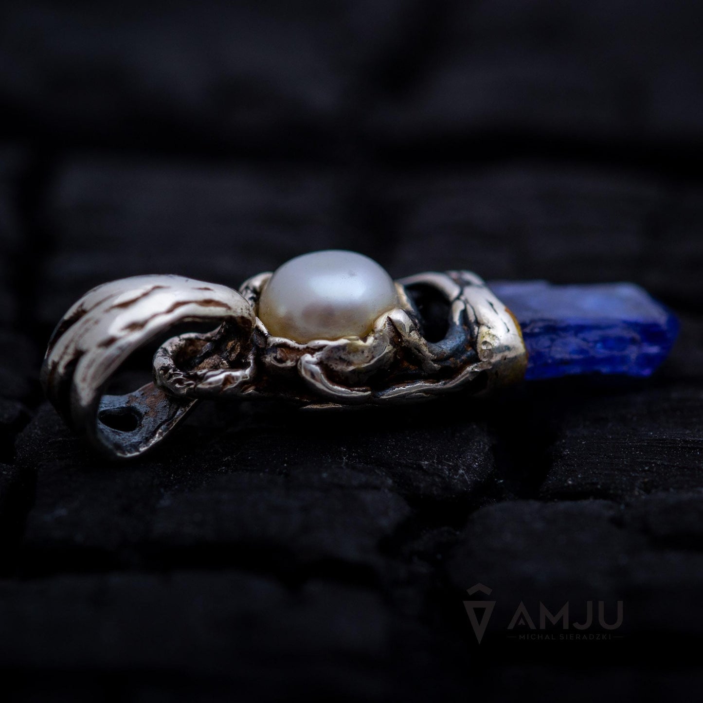 Raw Tanzanite crystal with freshwater pearl, pendant