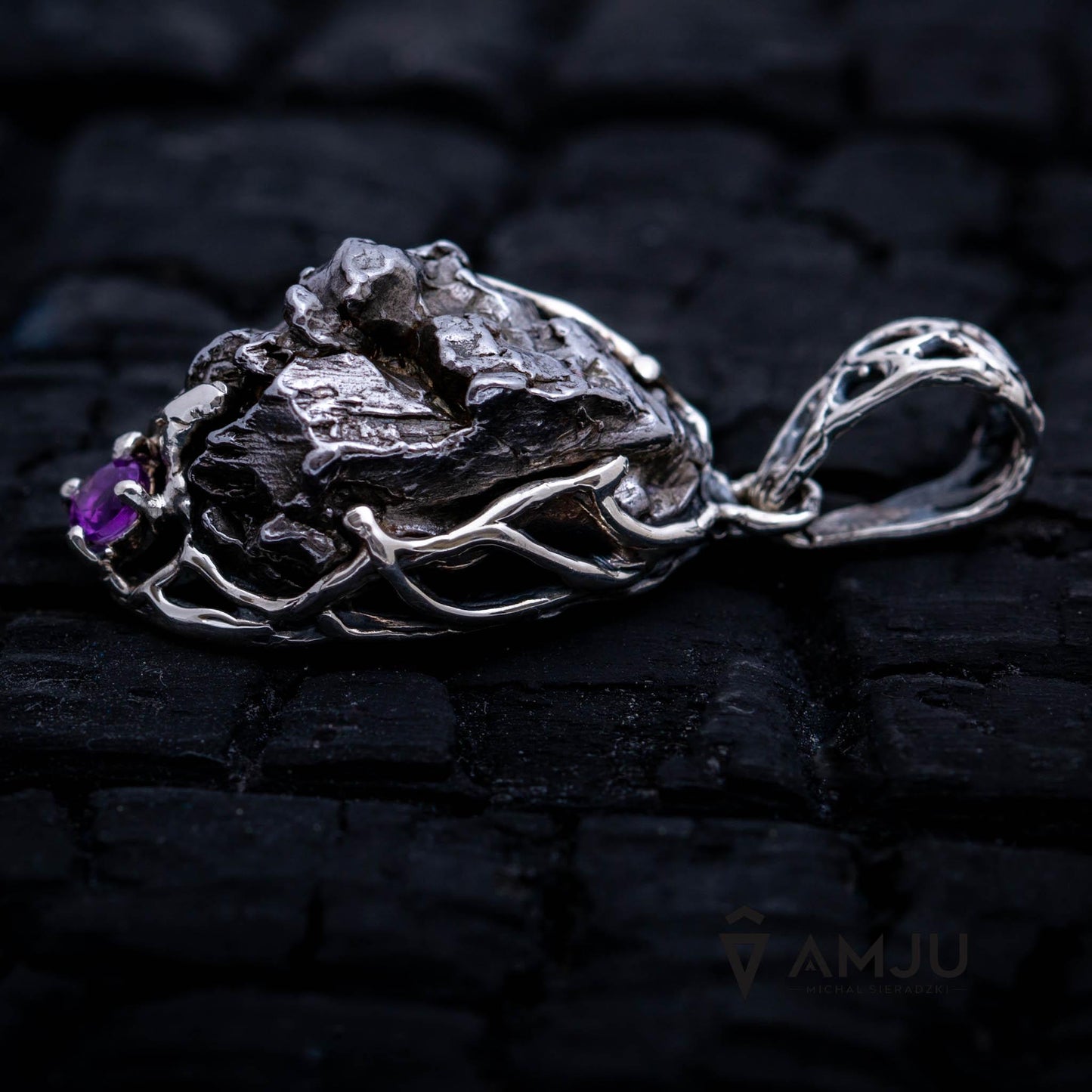 Campo del Cielo meteorite with peridot and amethyst, pendant