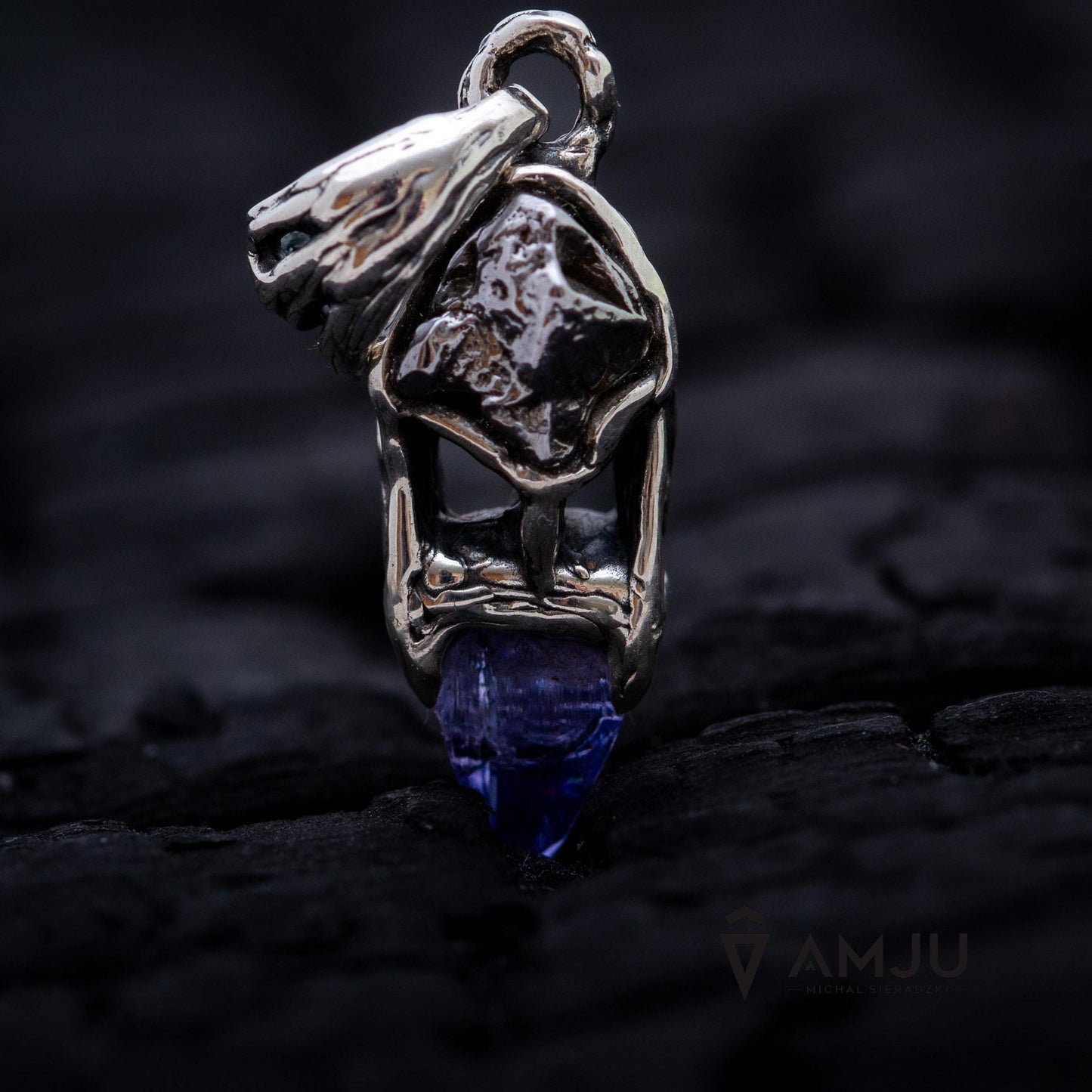 Raw Tanzanite crystal with Campo del Cielo meteorite, pendant