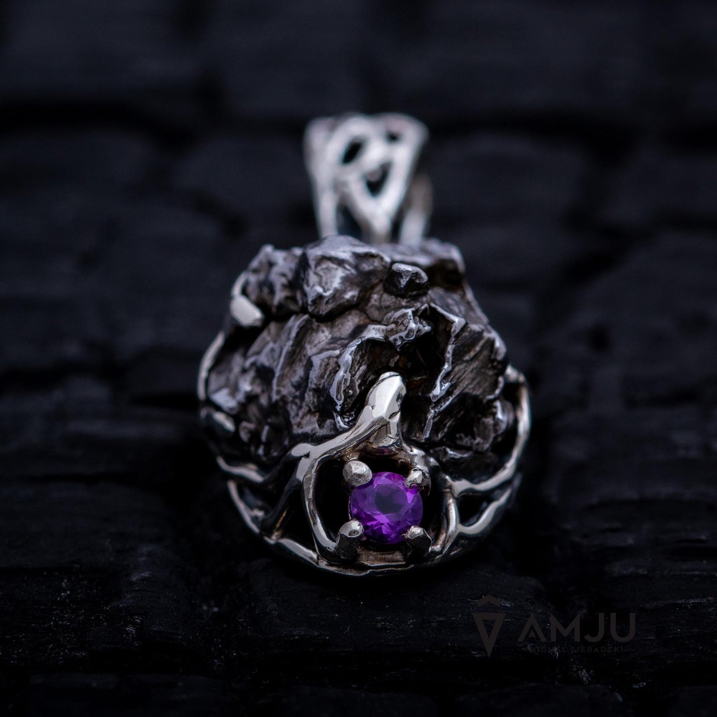 Campo del Cielo meteorite with peridot and amethyst, pendant