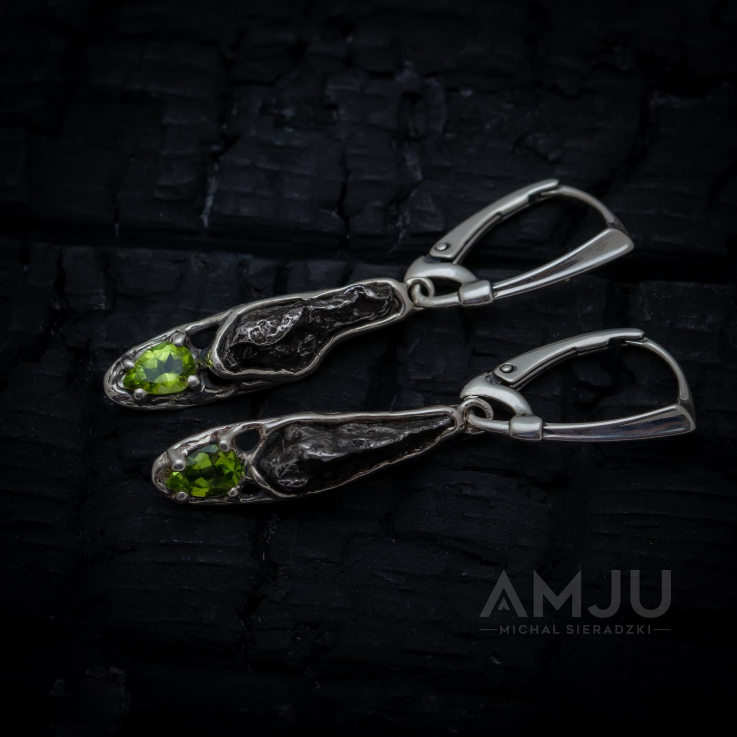Sikhote Alin meteorite with peridots, Dangle earrings