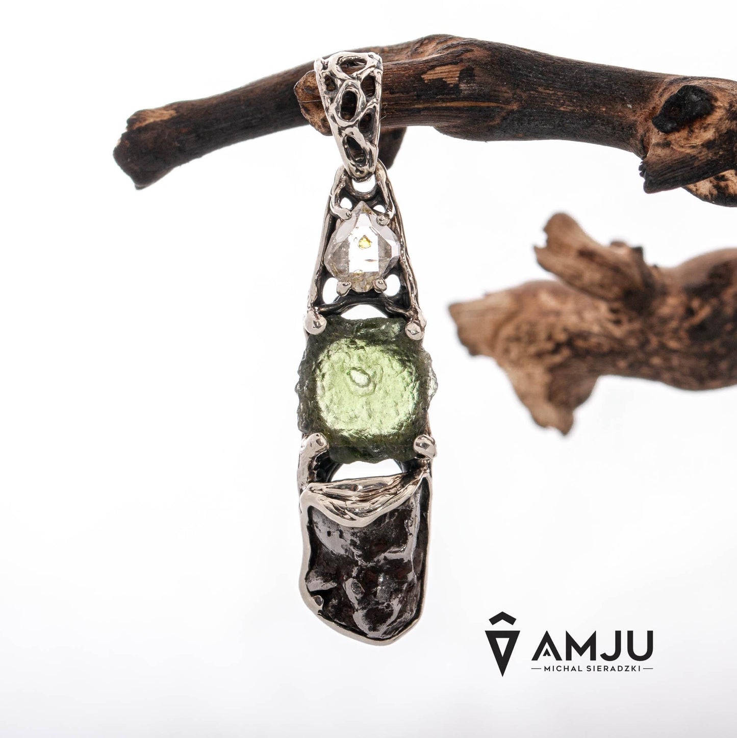 Moldavite, Sikhote Alin meteorite with Herkimer Diamond, pendant