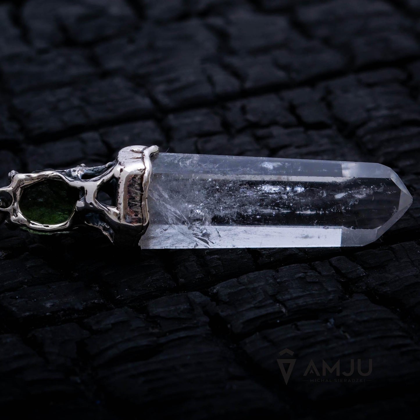 Moldavite and Quartz Crystal, pendant