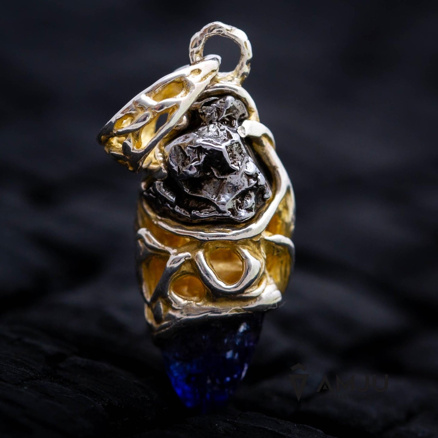Raw Tanzanite crystal with Campo del Cielo meteorite, pendant