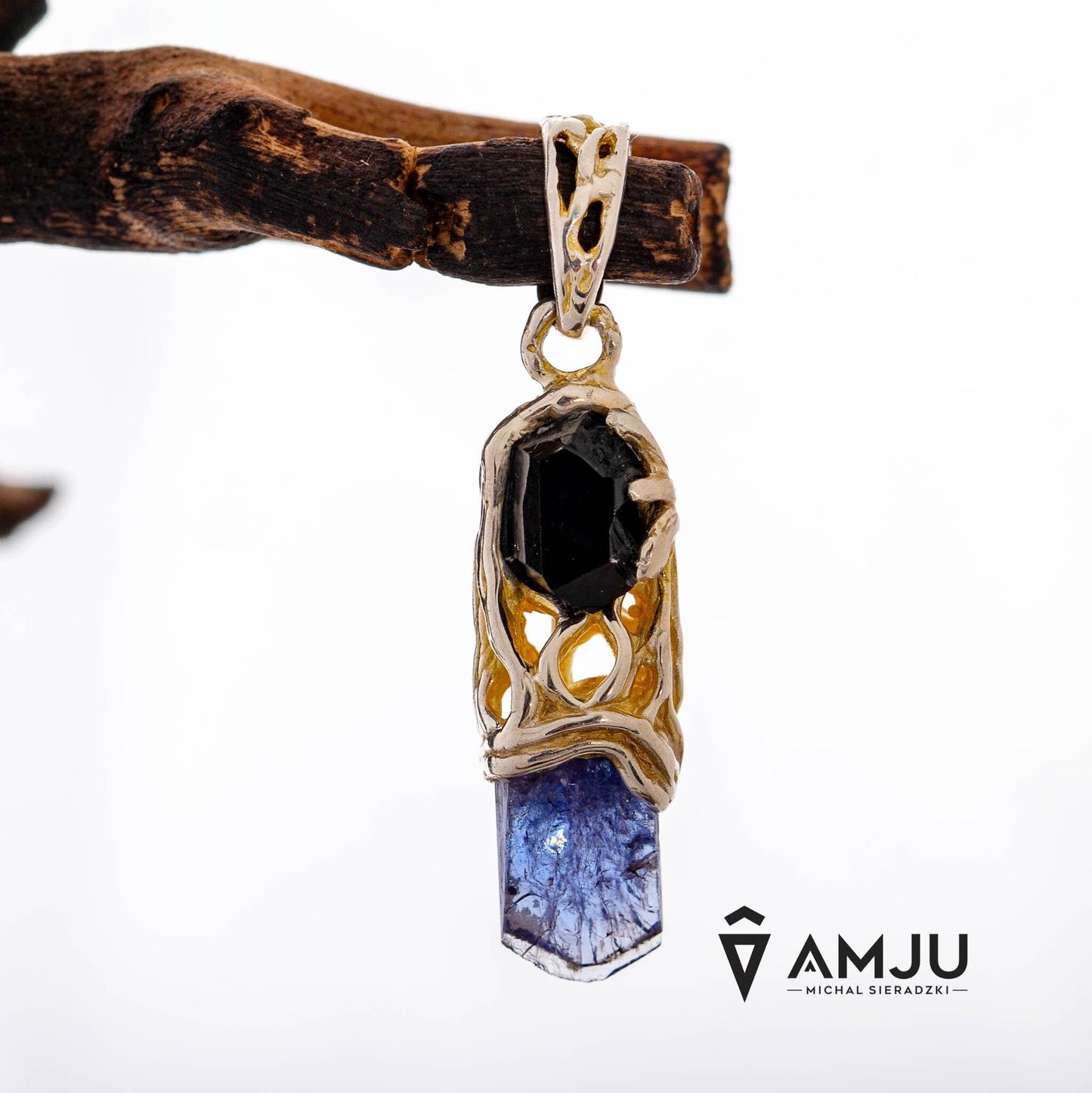 Raw Tanzanite crystal and black tourmaline schorl, pendant
