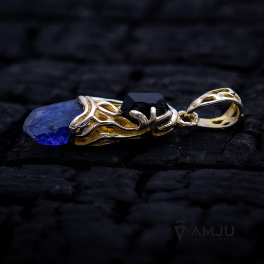 Raw Tanzanite crystal and black tourmaline schorl, pendant