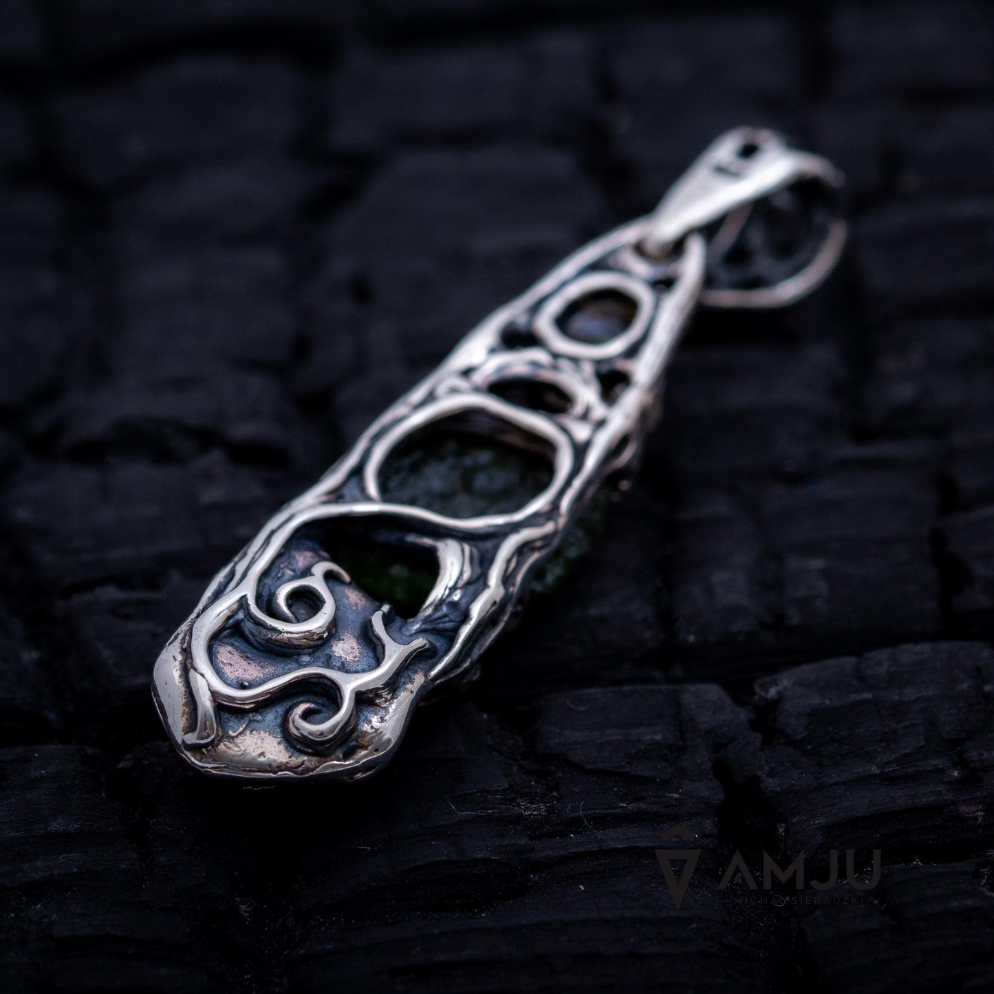 Moldavite, Sikhote Alin meteorite with Herkimer Diamond, pendant