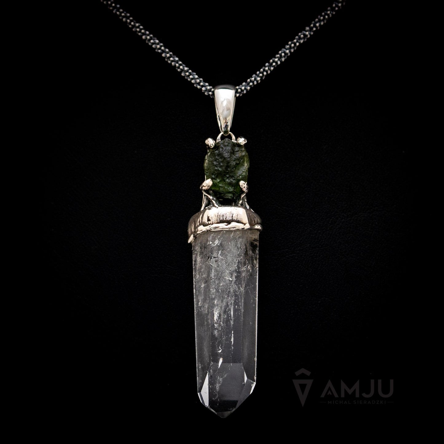 Moldavite and Quartz Crystal, pendant