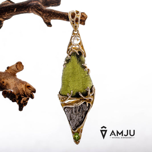 Moldavite, Campo del cielo meteorite with Herkimer Diamond and peridote, pendant