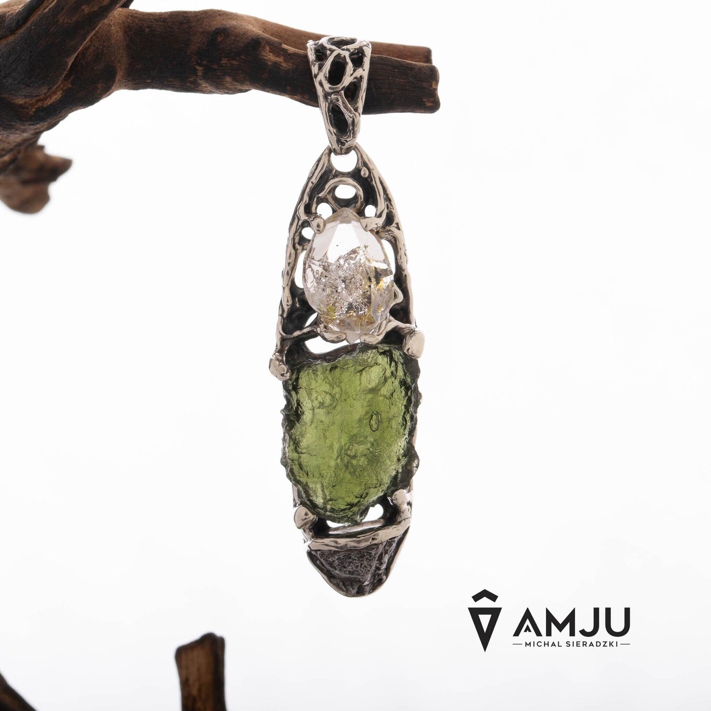 Moldavite, Campo del cielo meteorite with Herkimer Diamond, pendant
