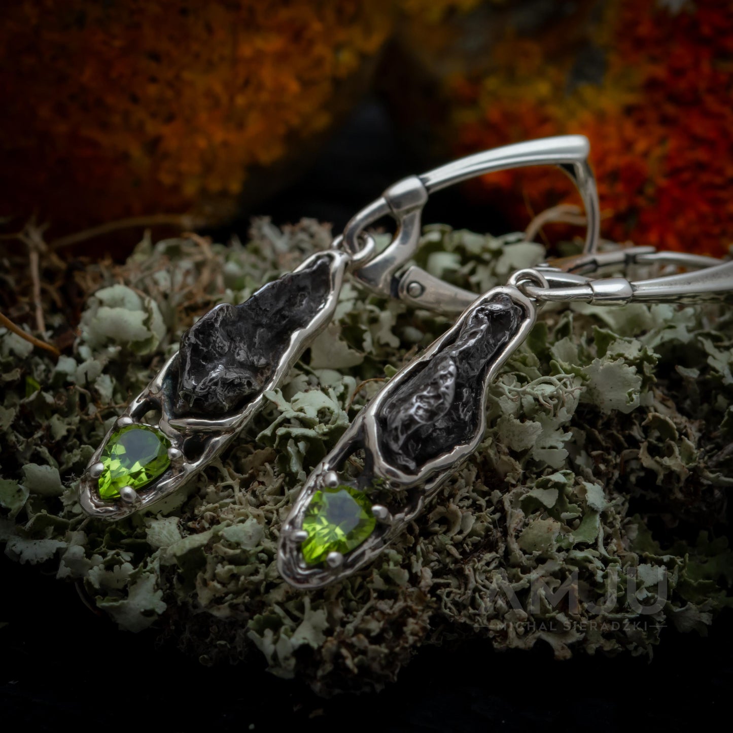 Sikhote Alin meteorite with peridots, Dangle earrings