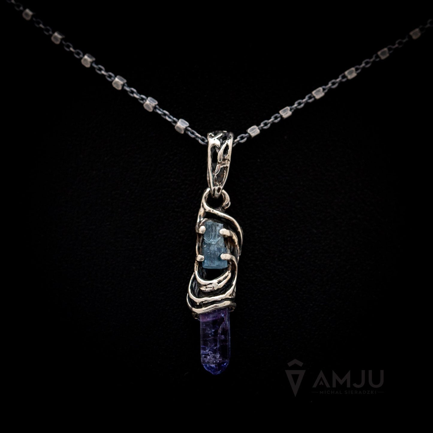 Raw Tanzanite crystal with aquamarine, pendant