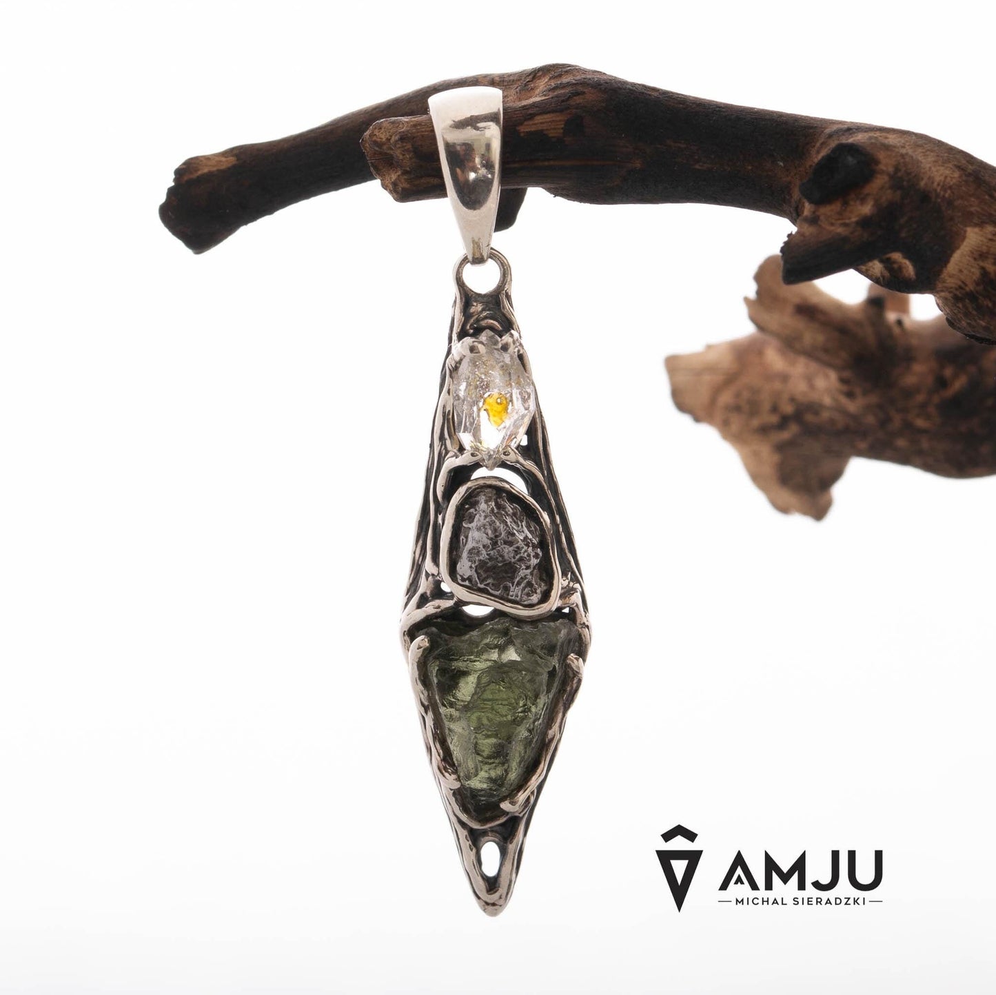Moldavite, Campo del cielo meteorite with Herkimer Diamond, pendant