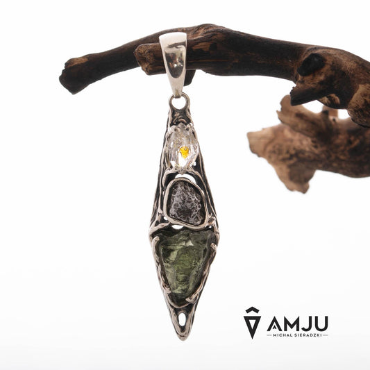 Moldavite, Campo del cielo meteorite with Herkimer Diamond, pendant