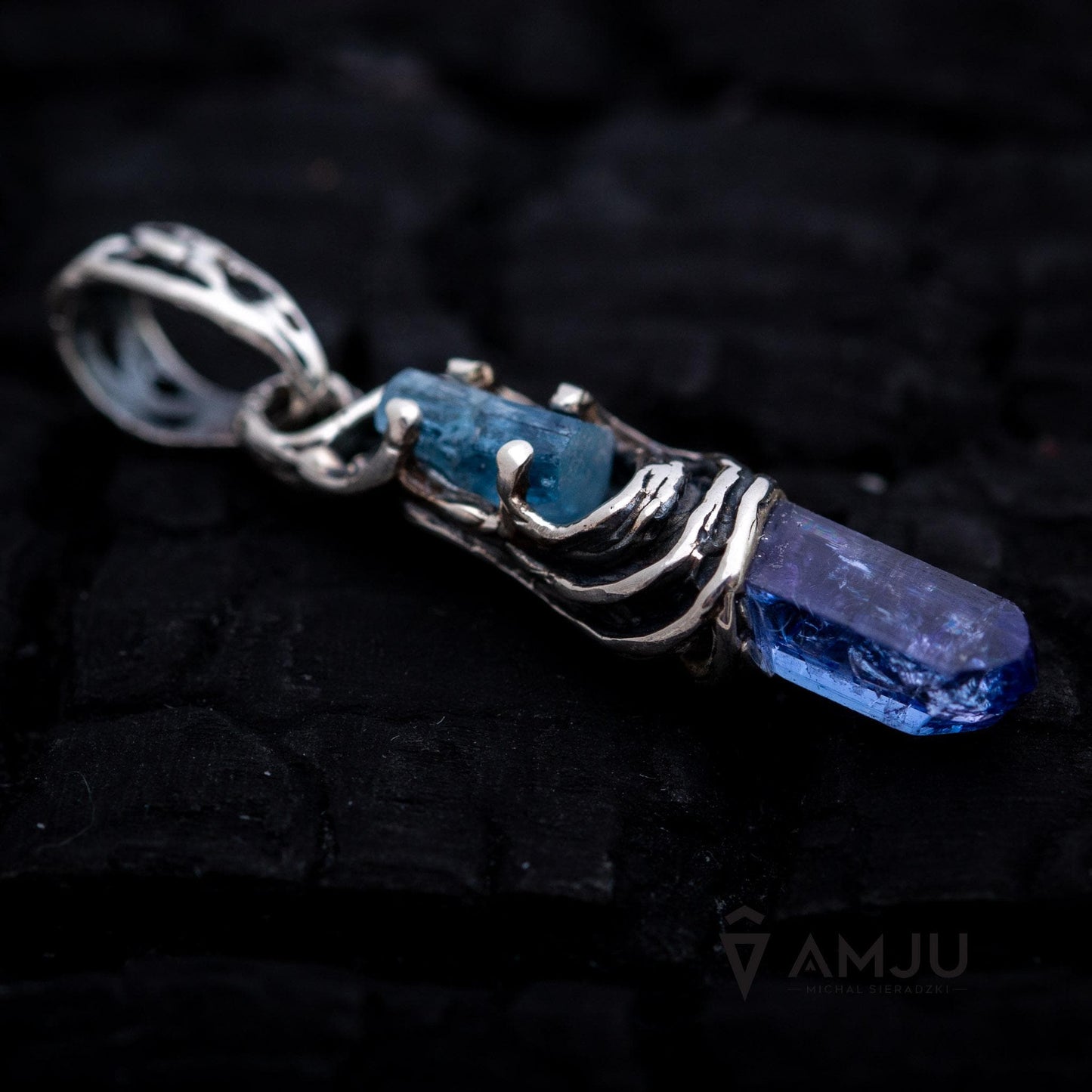 Raw Tanzanite crystal with aquamarine, pendant