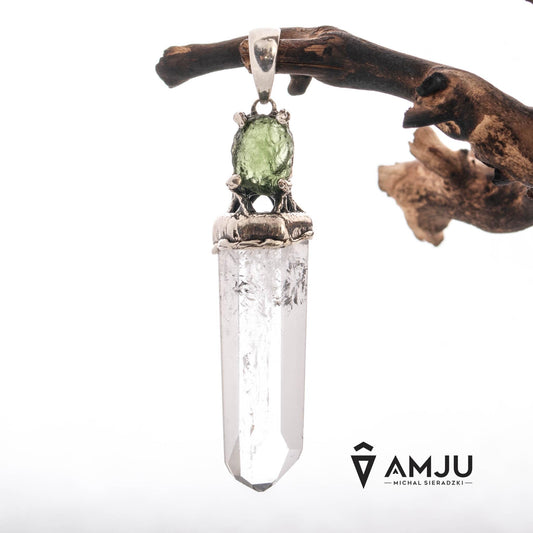 Moldavite and Quartz Crystal, pendant