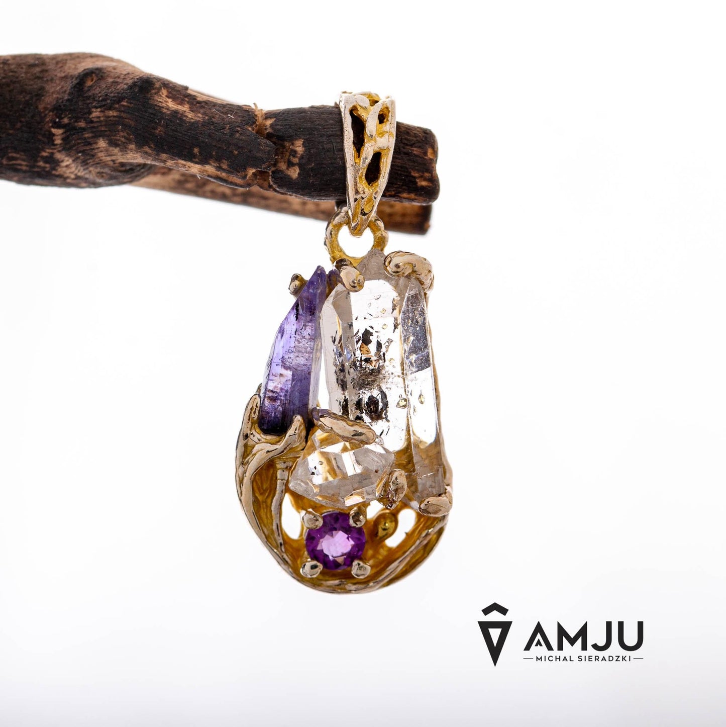 Tibetan Quartz with baby crystals, Tanzanite and Amethyste, pendant