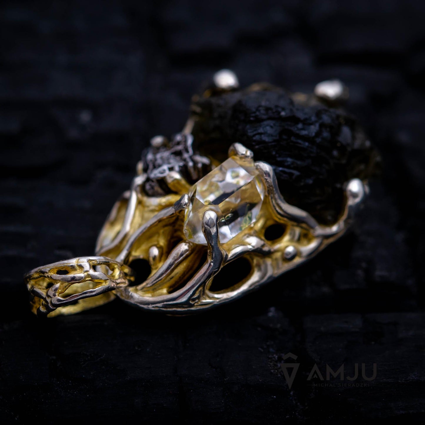 Moldavite, Campo del cielo meteorite with Herkimer Diamond, pendant