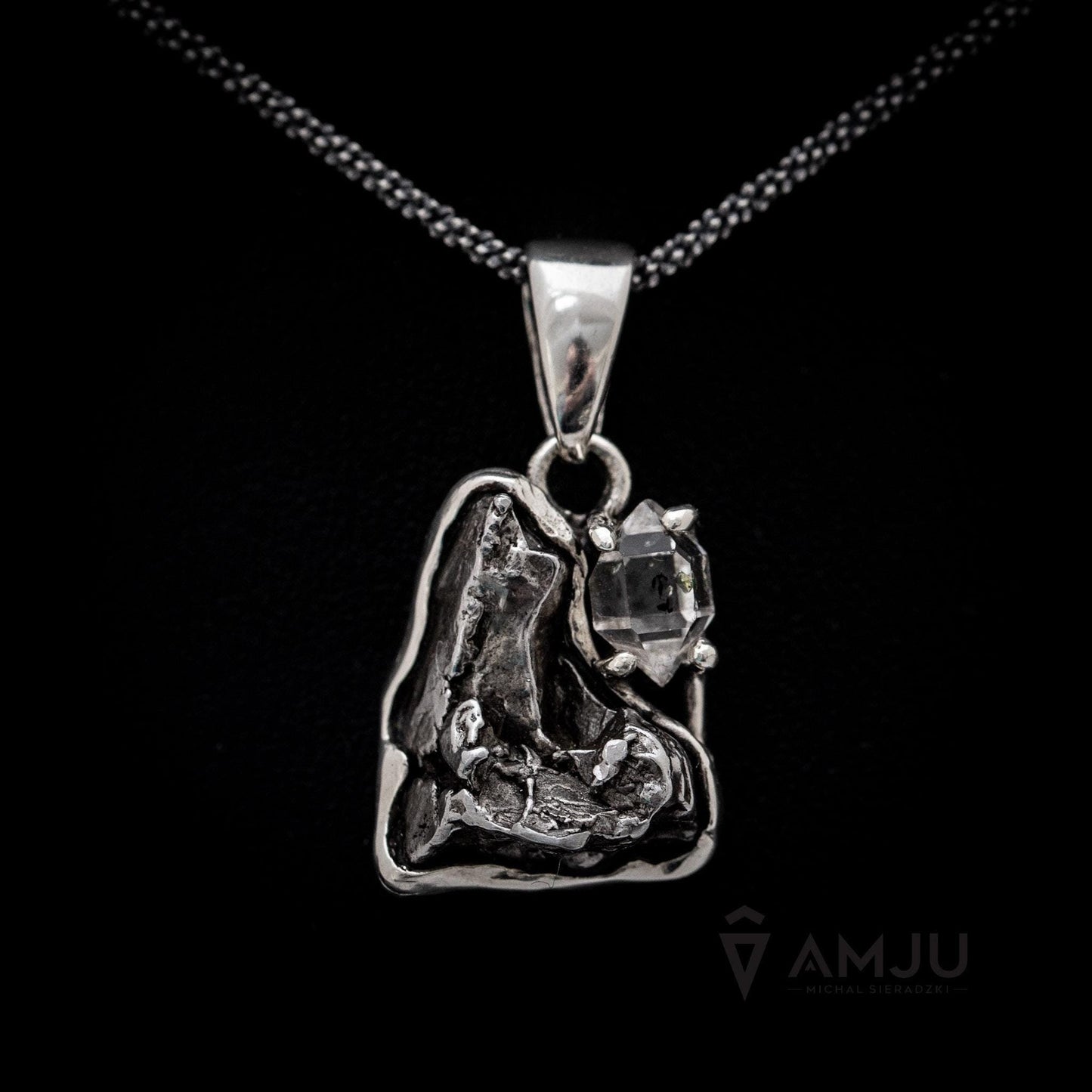 Moldavite, Campo del cielo meteorite with Herkimer Diamond, pendant