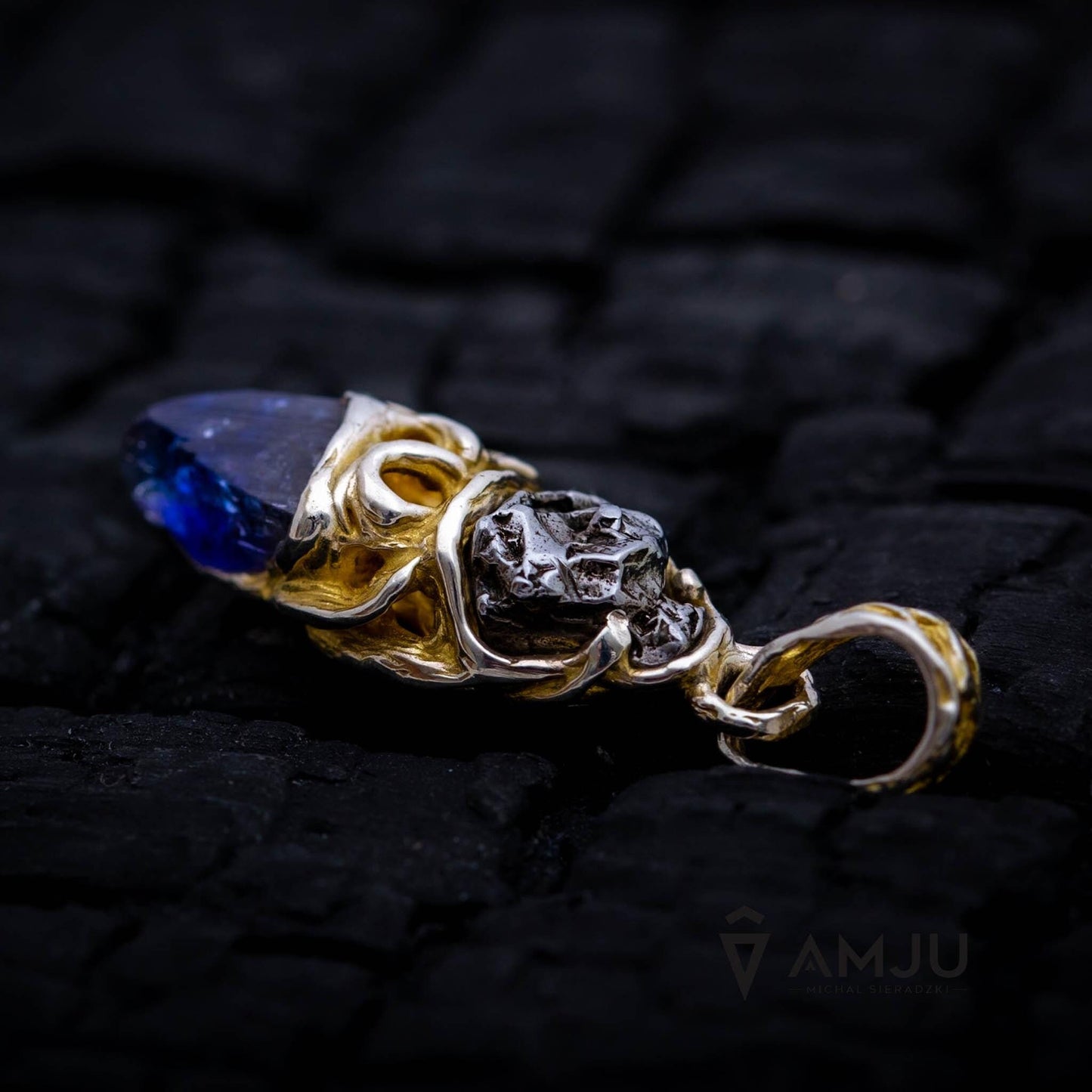 Raw Tanzanite crystal with Campo del Cielo meteorite, pendant